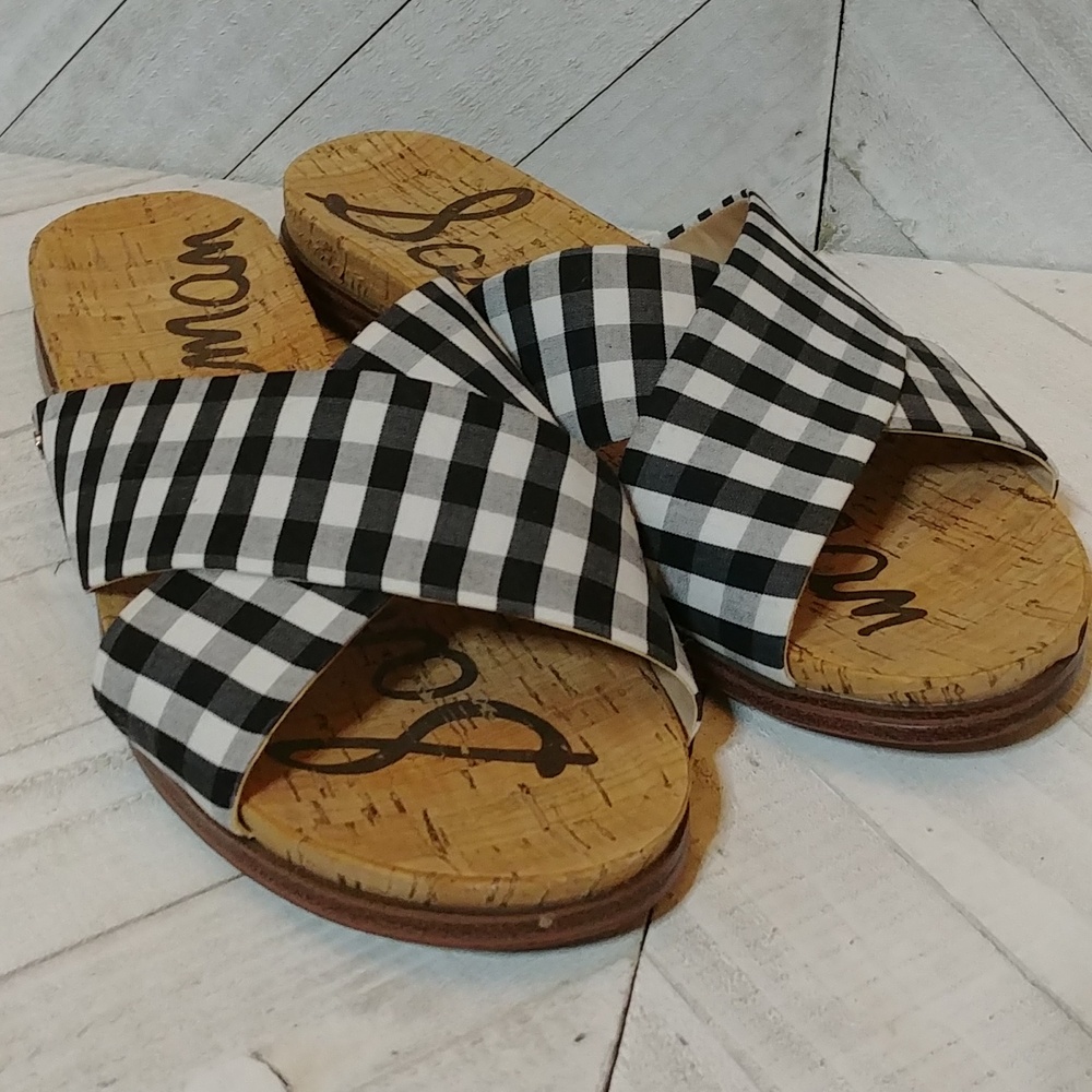NEW Sam Edelman Gingham Summer Slides Cork Sandals Black and White 8